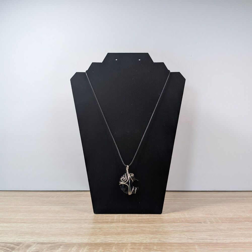Wire Wrapped Black Stone Moon Pendant Necklace – 21" Cord